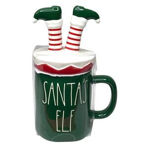 NEW Rae Dunn Santa's Helper Ceramic COFFEE MUG + TOPPER Cover Lid Elf Legs Green